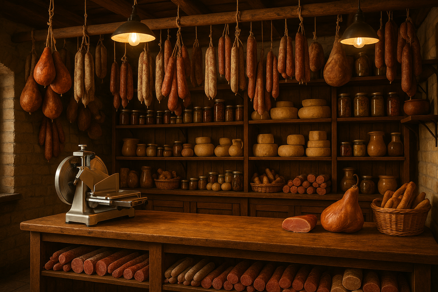 Deli shop with hanging meats and a slicer